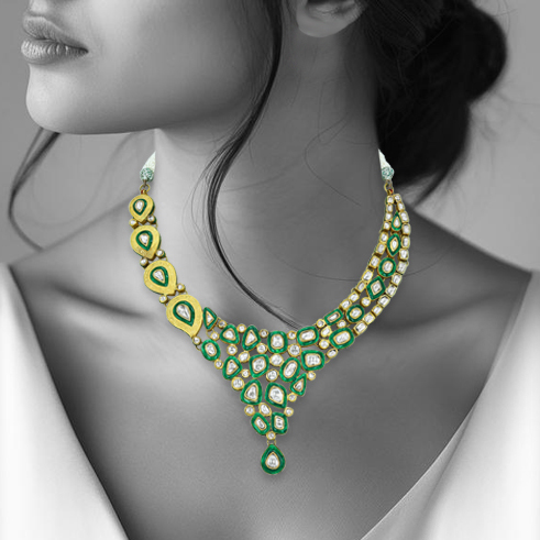 Cascading Polki Necklace with Green Enamel and Teardrop Center